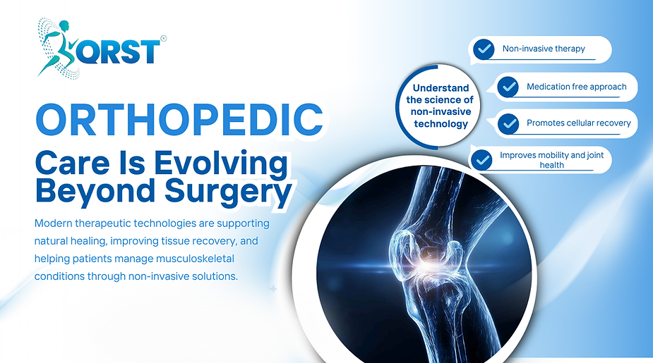 QRST orthopedic care graphic with a knee joint illustration
